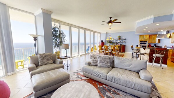 Flat-screen TV, DVD player, books, stereo