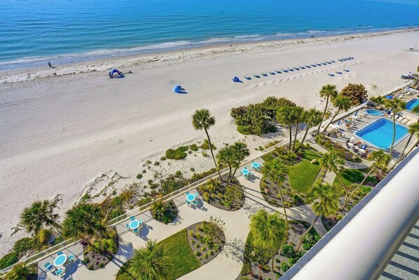 On the beach, sun-loungers, beach towels
