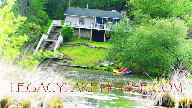Une maison avec un quai et un bateau amarré, le tout entouré de verdure.