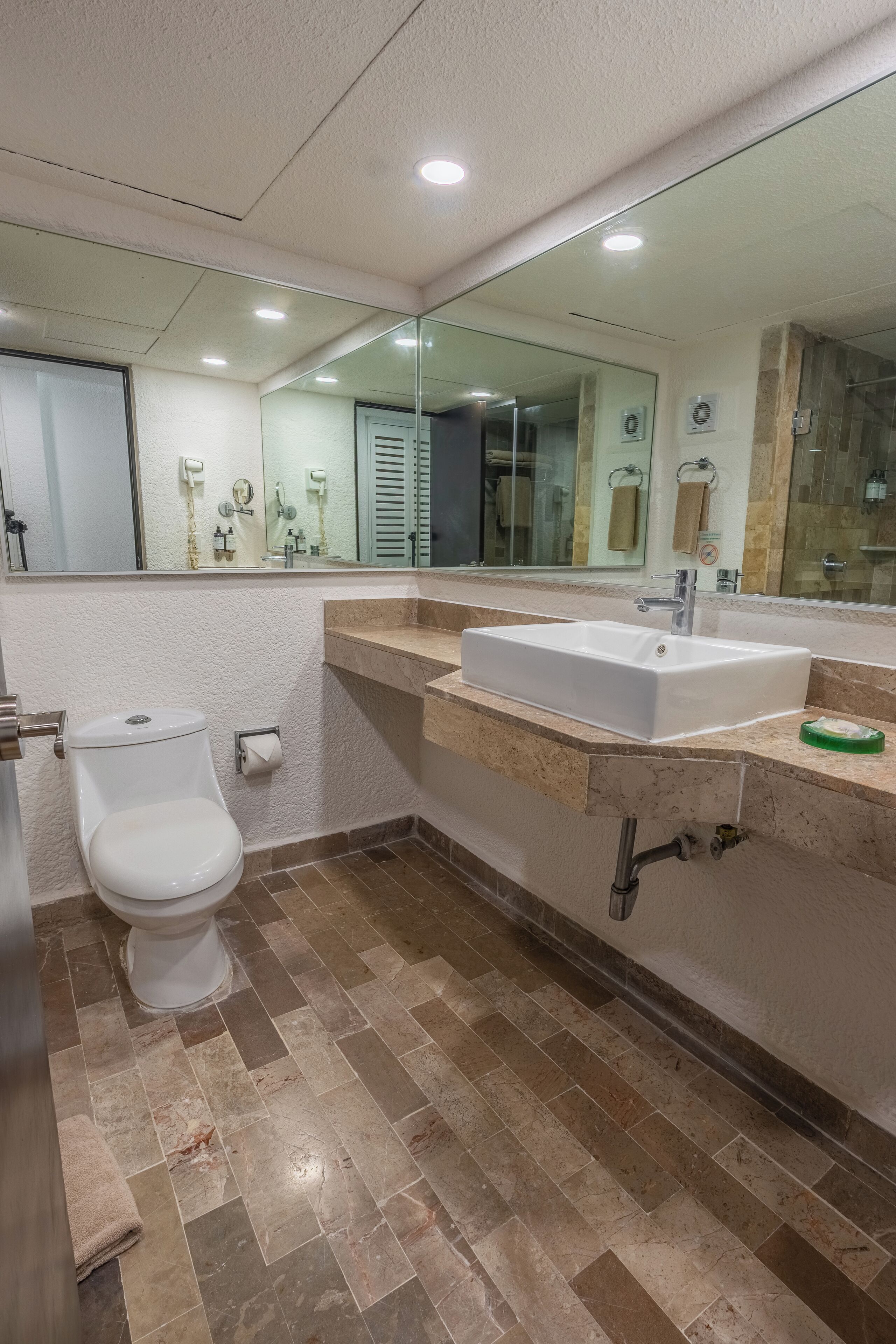 shower, rainfall showerhead, designer toiletries, hair dryer