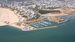 Luchtbeeld van een kustplaats met een jachthaven, strand en woongebouwen.