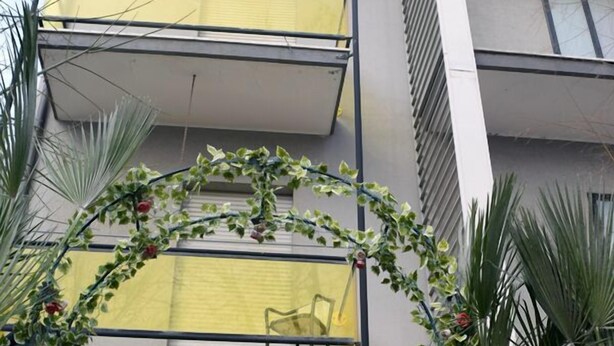 Un edificio con toldo amarillo y puerta de cristal, rodeado de follaje.