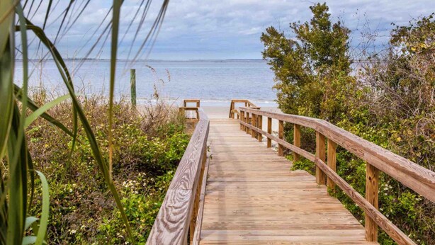 Une promenade en bois menant à une plage, avec une rambarde en bois et une vue sur l’océan.