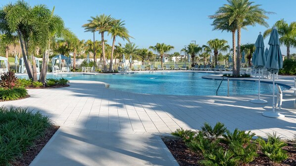 A heated pool, pool loungers