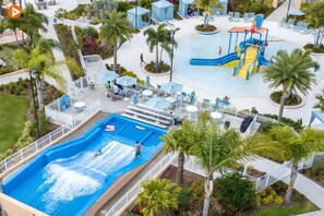 A heated pool, pool loungers