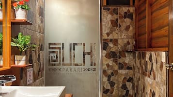 Jetted bath, hair dryer, towels, soap