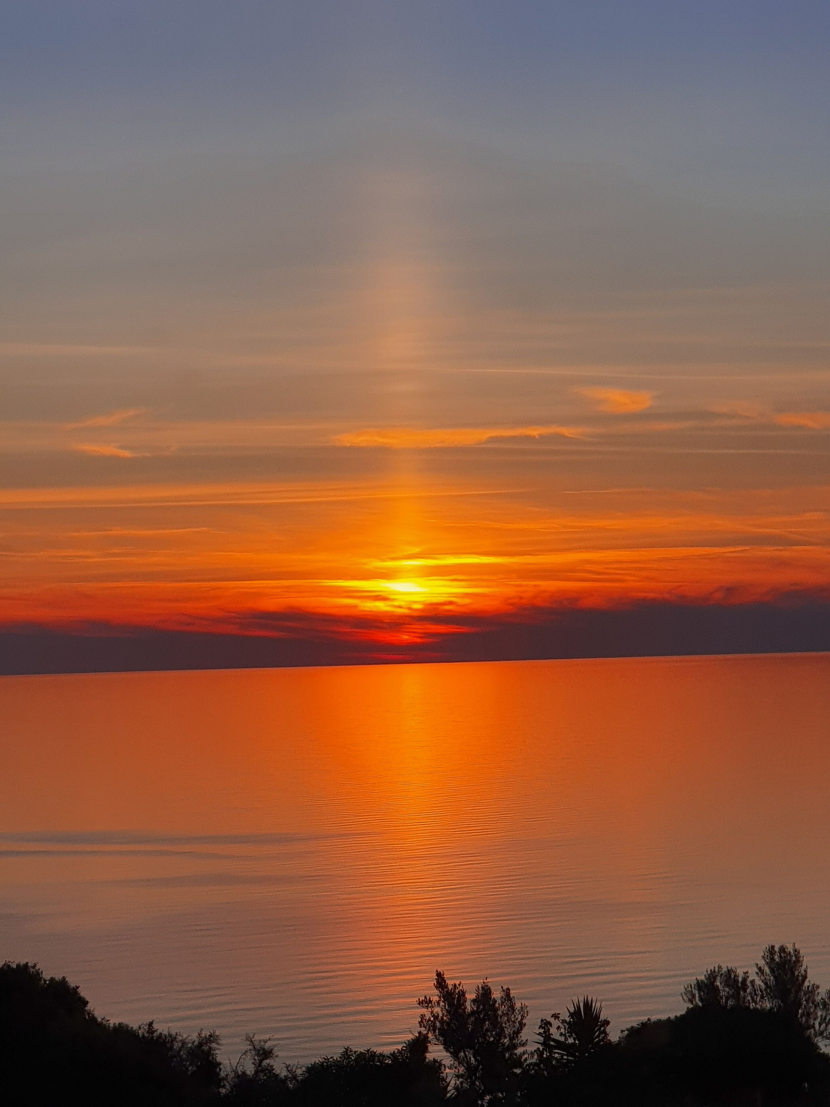 A sunset over a calm body of water with a silhouette of trees in the foreground.