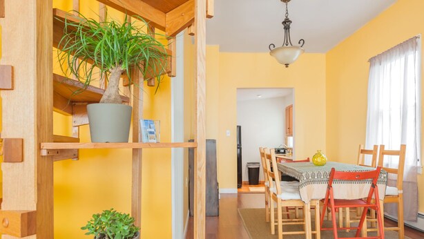 A dining area with wooden chairs, a table with a patterned tablecloth, and potted plants.