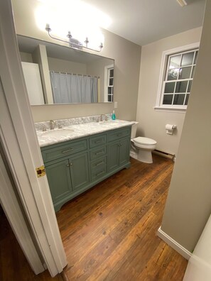 Shower, hair dryer, towels, toilet paper