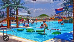 A swimming pool with multiple lanes, palm trees, and a water slide. - PARADIZE FOR EQUESTRIAN LOVERS (Wellington)