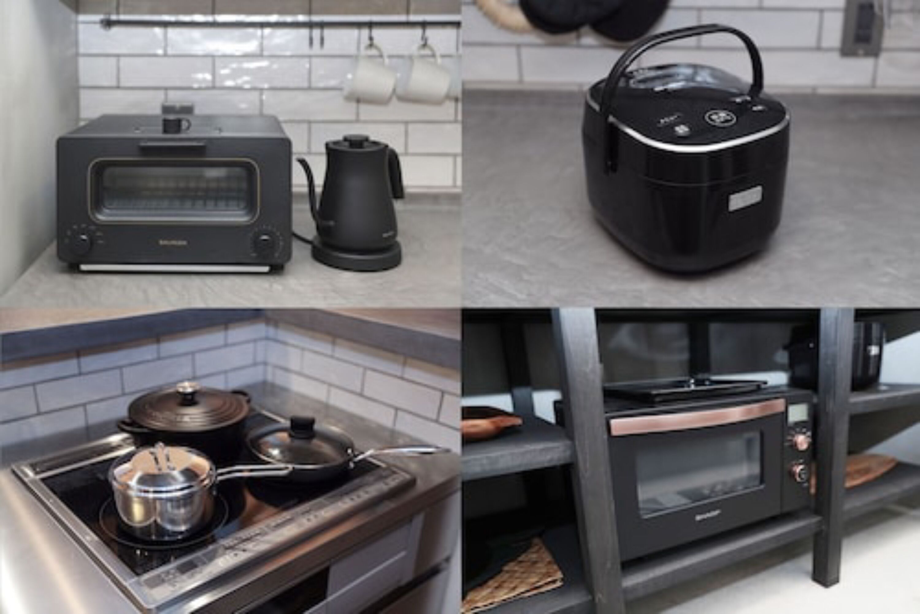 A kitchen with a black toaster, a kettle, and a microwave.