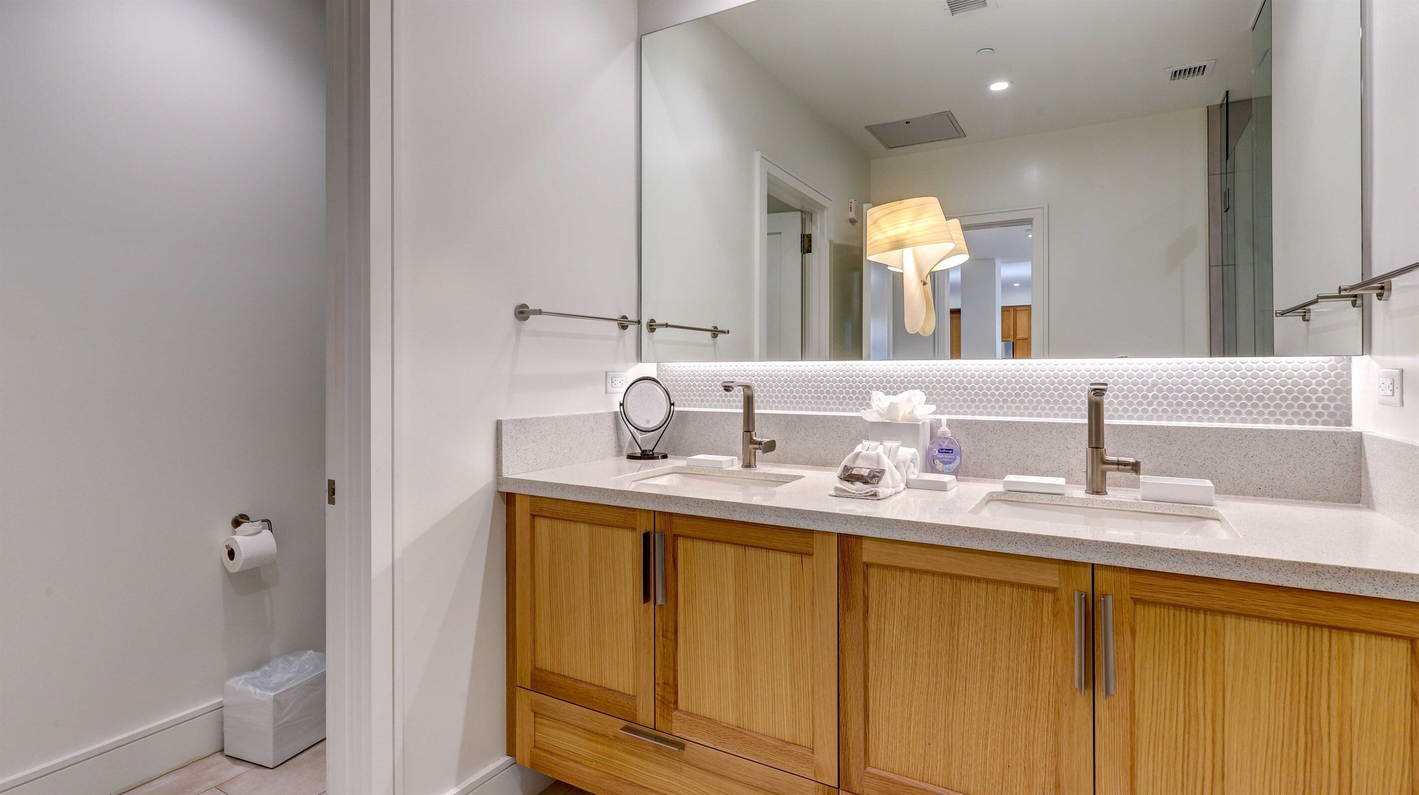 Combined shower/tub, hair dryer, towels, soap