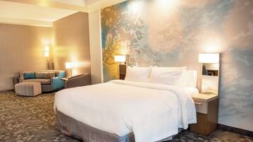 Hypo-allergenic bedding, desk, laptop workspace, blackout drapes