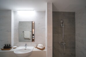 Separate bathtub and shower, free toiletries, hair dryer, slippers