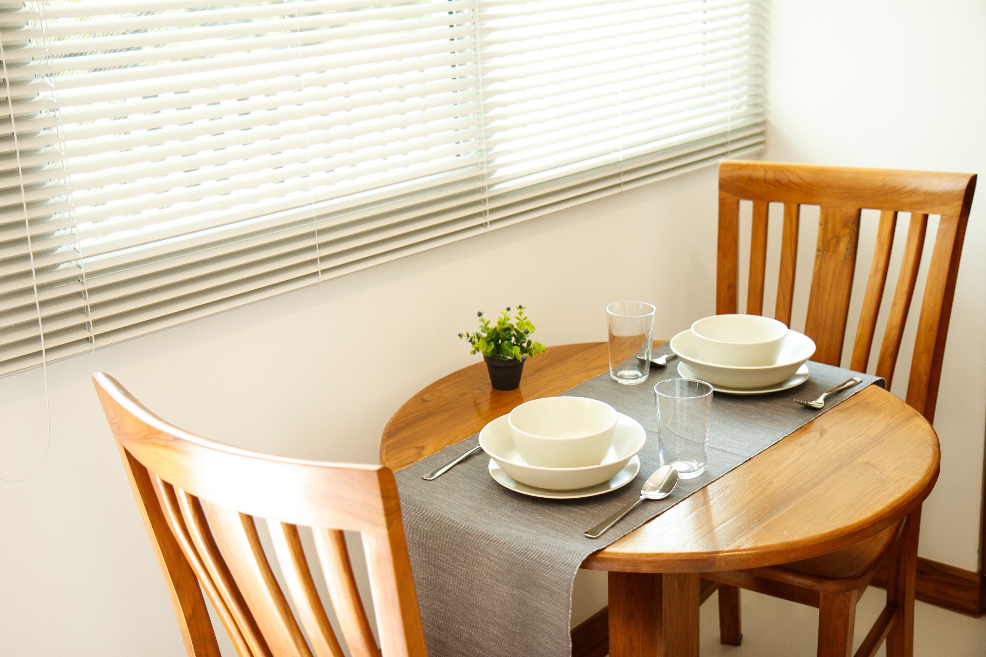 A dining table set with white plates, a glass, and a small potted plant.