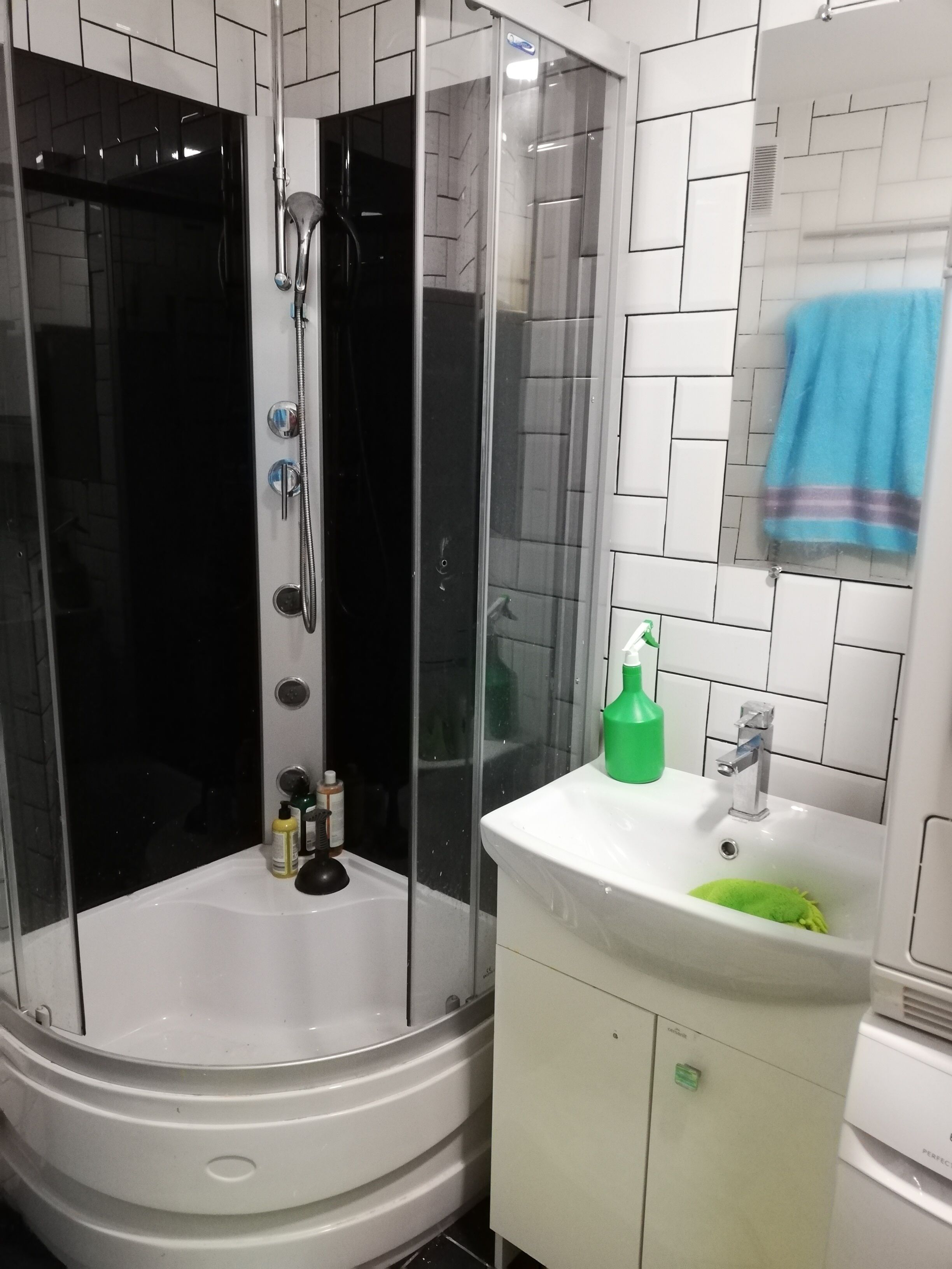 Dusche, Haartrockner, Handtücher, Shampoo