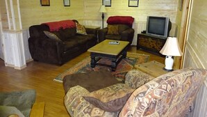 A cozy living room with a brown sofa, a patterned armchair, a coffee table, and a television on a wooden cabinet.