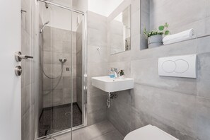 Basic Double or Twin Room, 2 Twin Beds | Bathroom | Shower, rainfall showerhead, hair dryer, towels - Hotel Ostaš (Prague)