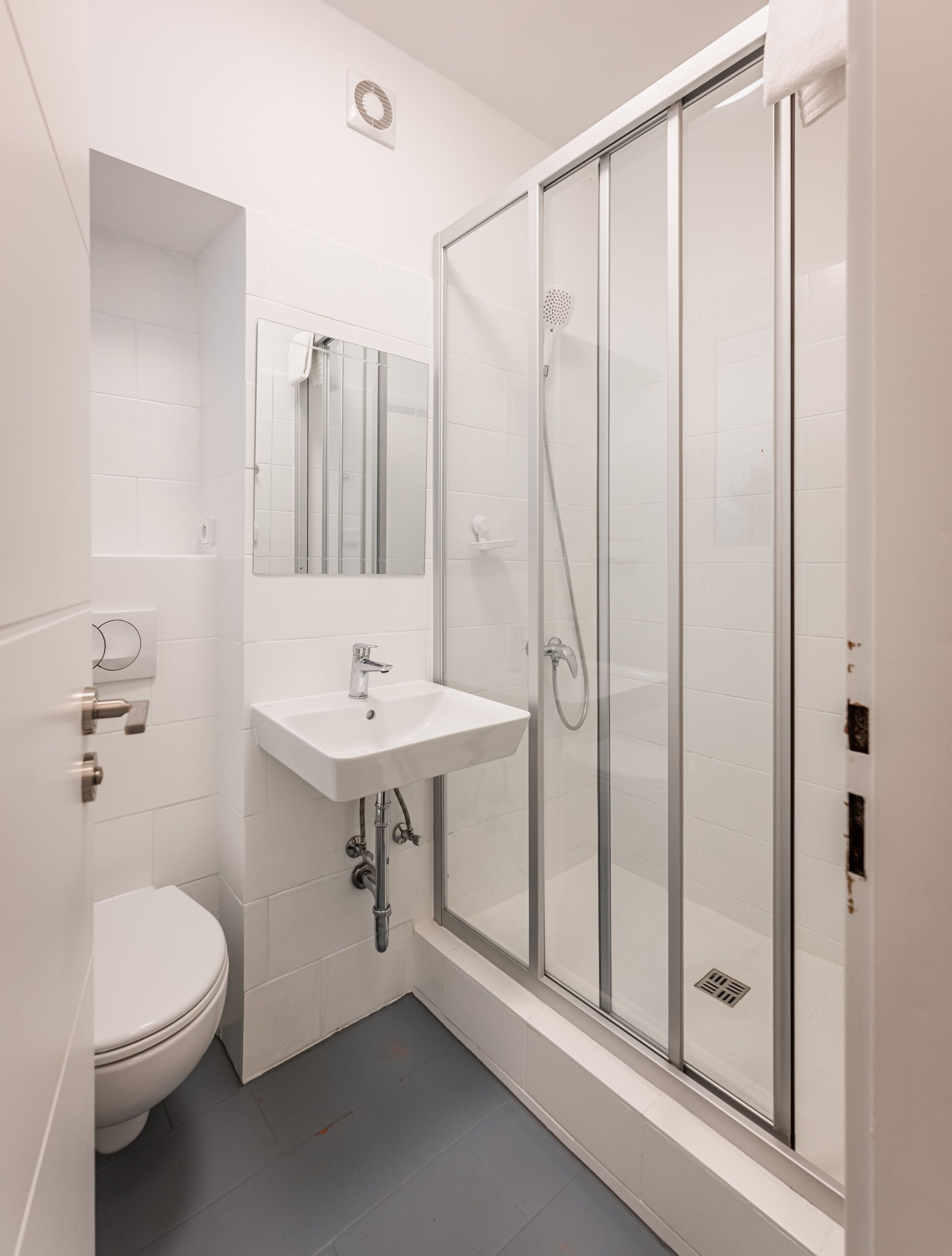 A modern bathroom with a glass-enclosed shower, a white sink, and a toilet.