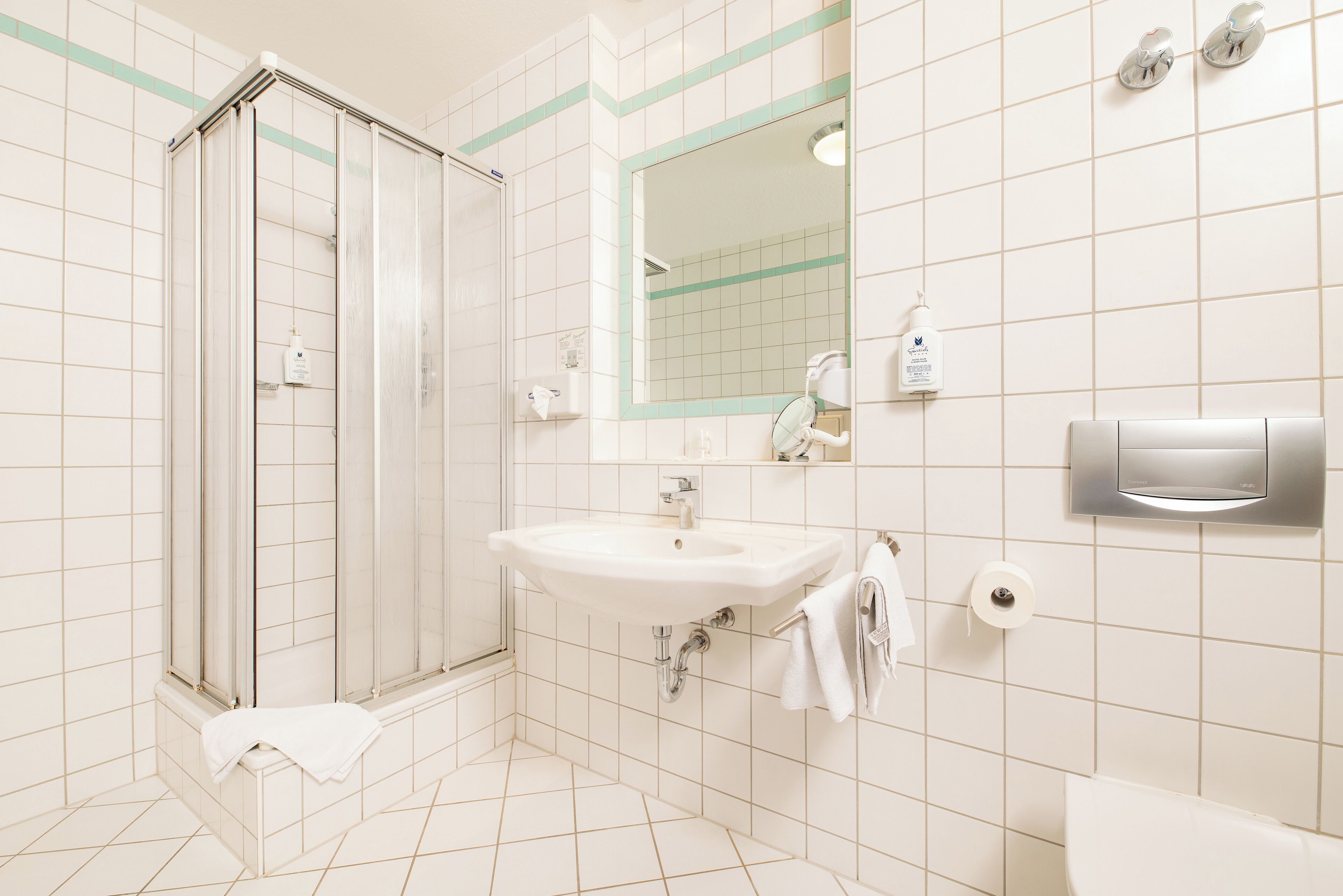 A bathroom with a glass-enclosed shower, a sink with a mirror above it, and a toilet.