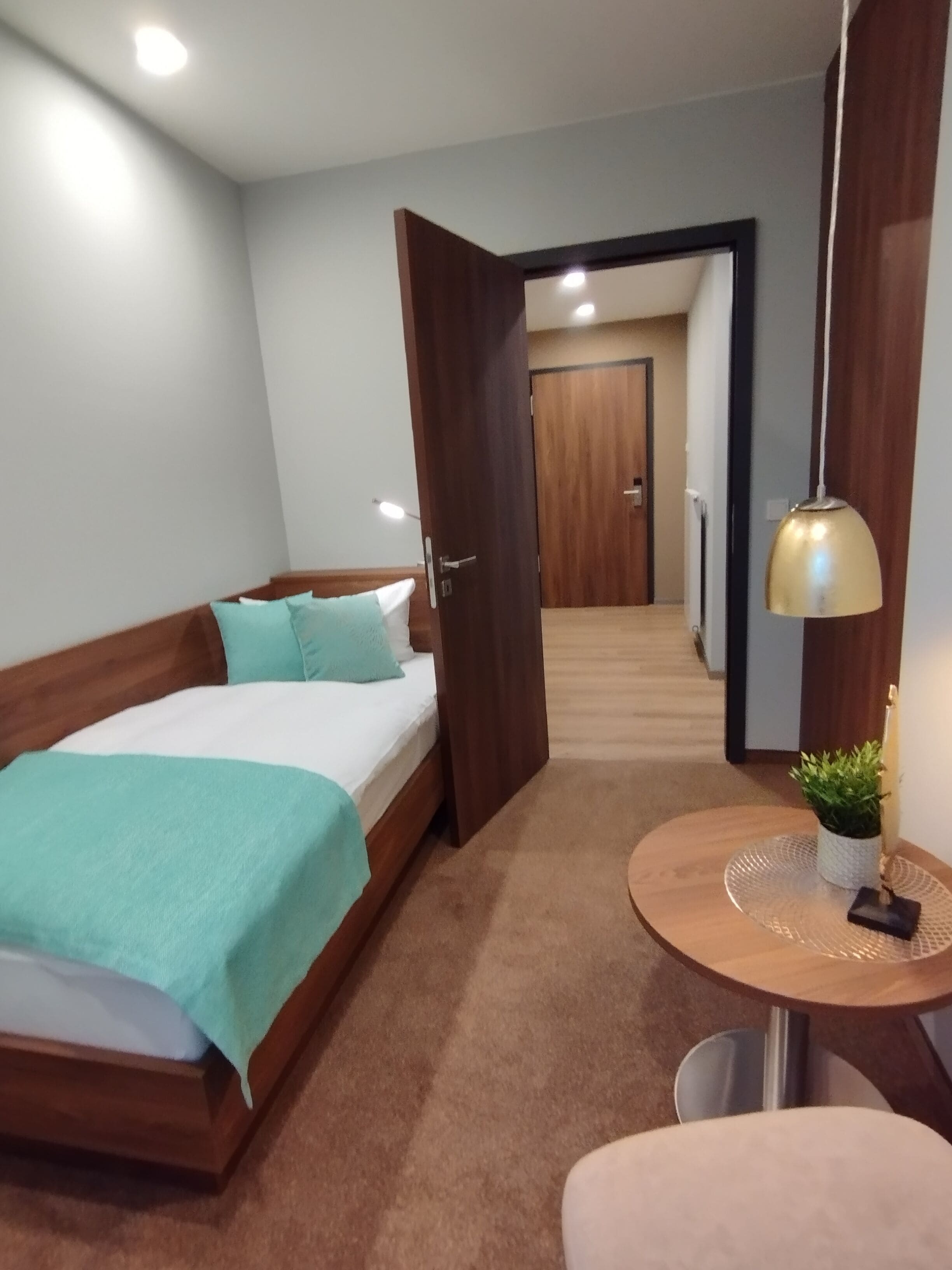 A bedroom with a bed, a round table with a plant, and a hallway leading to a door.