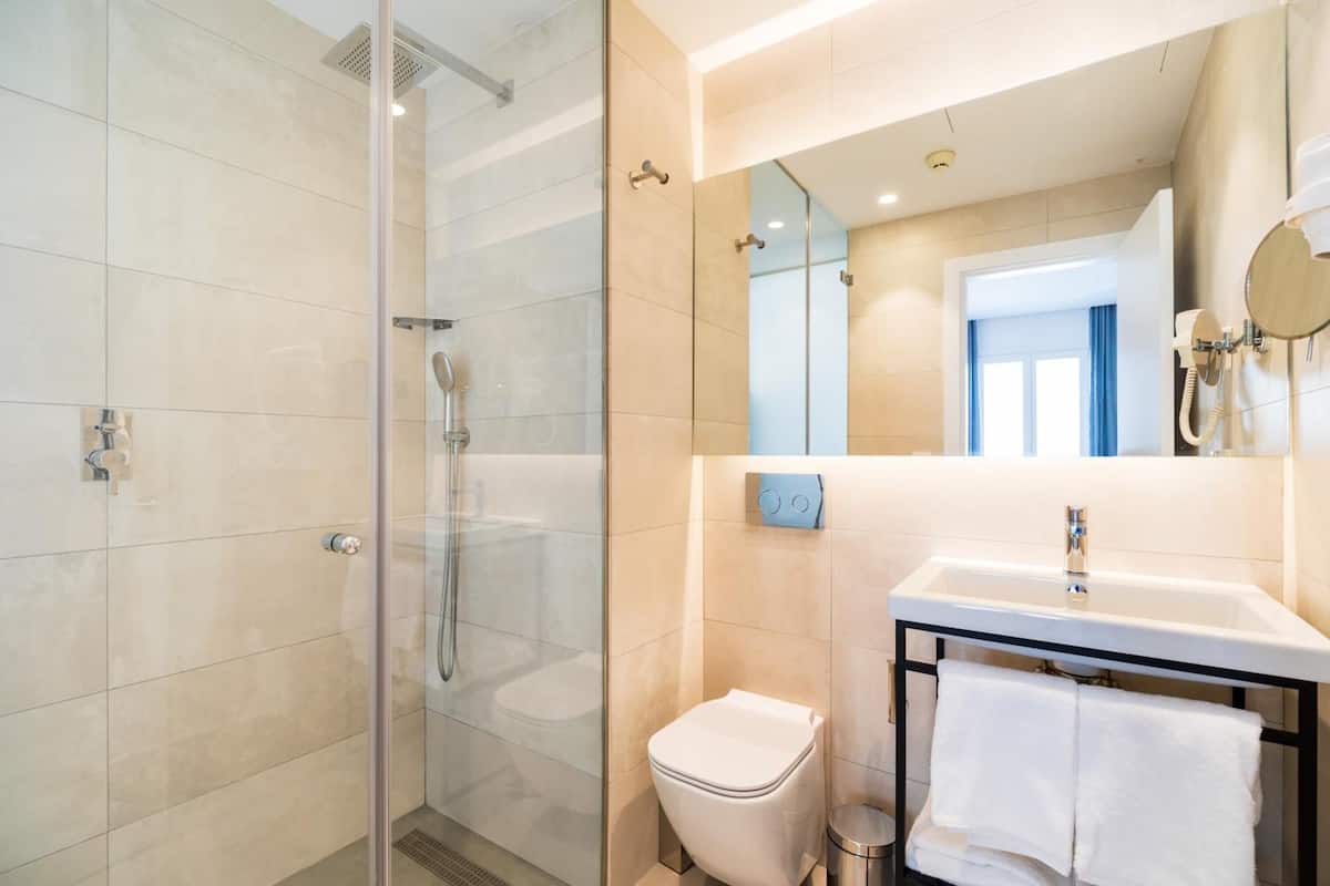 shower, rainfall showerhead, free toiletries, hair dryer