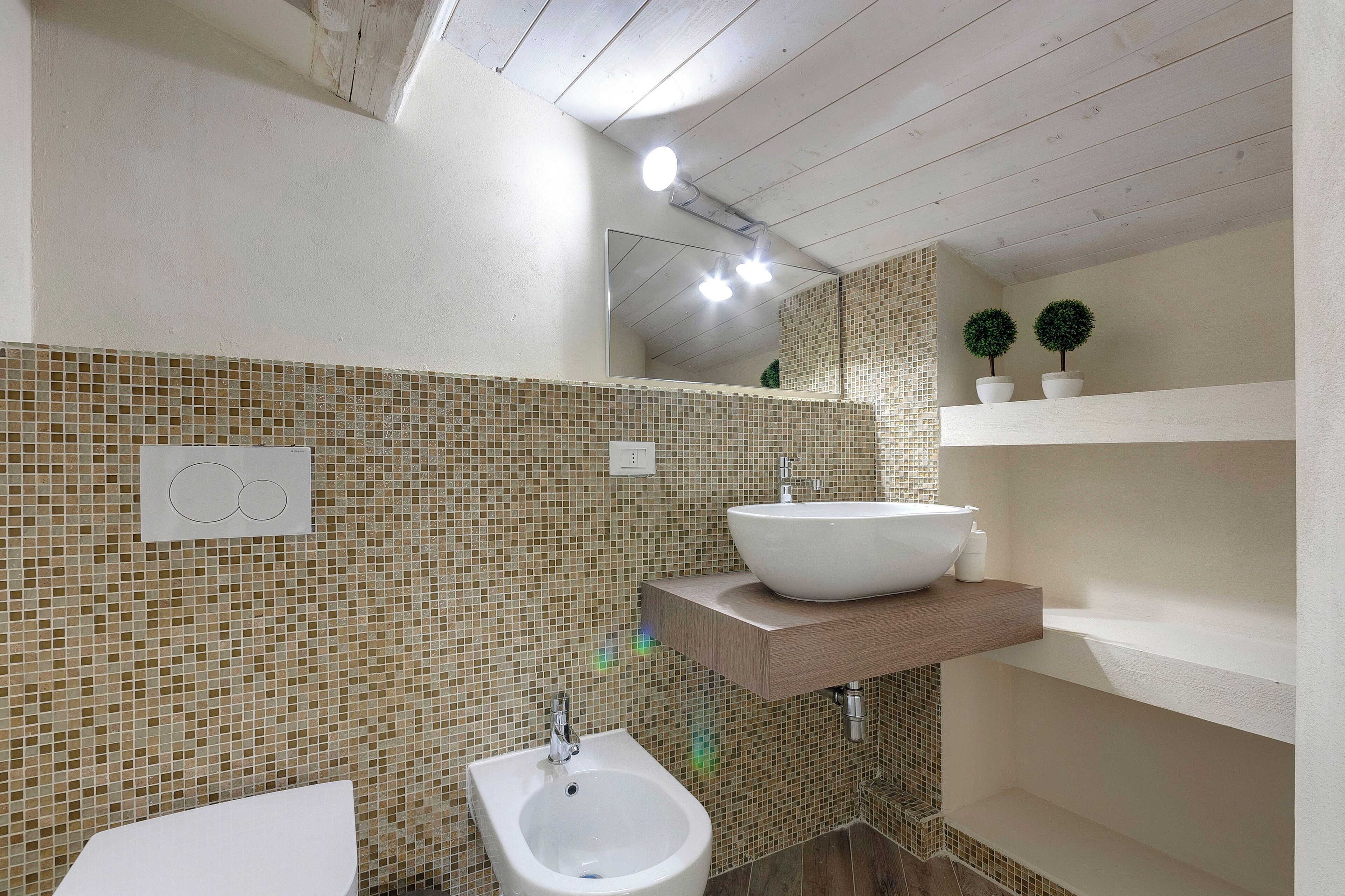 A bathroom with a mosaic tile backsplash, a bidet, a sink with a vessel basin, and two potted plants on a shelf.