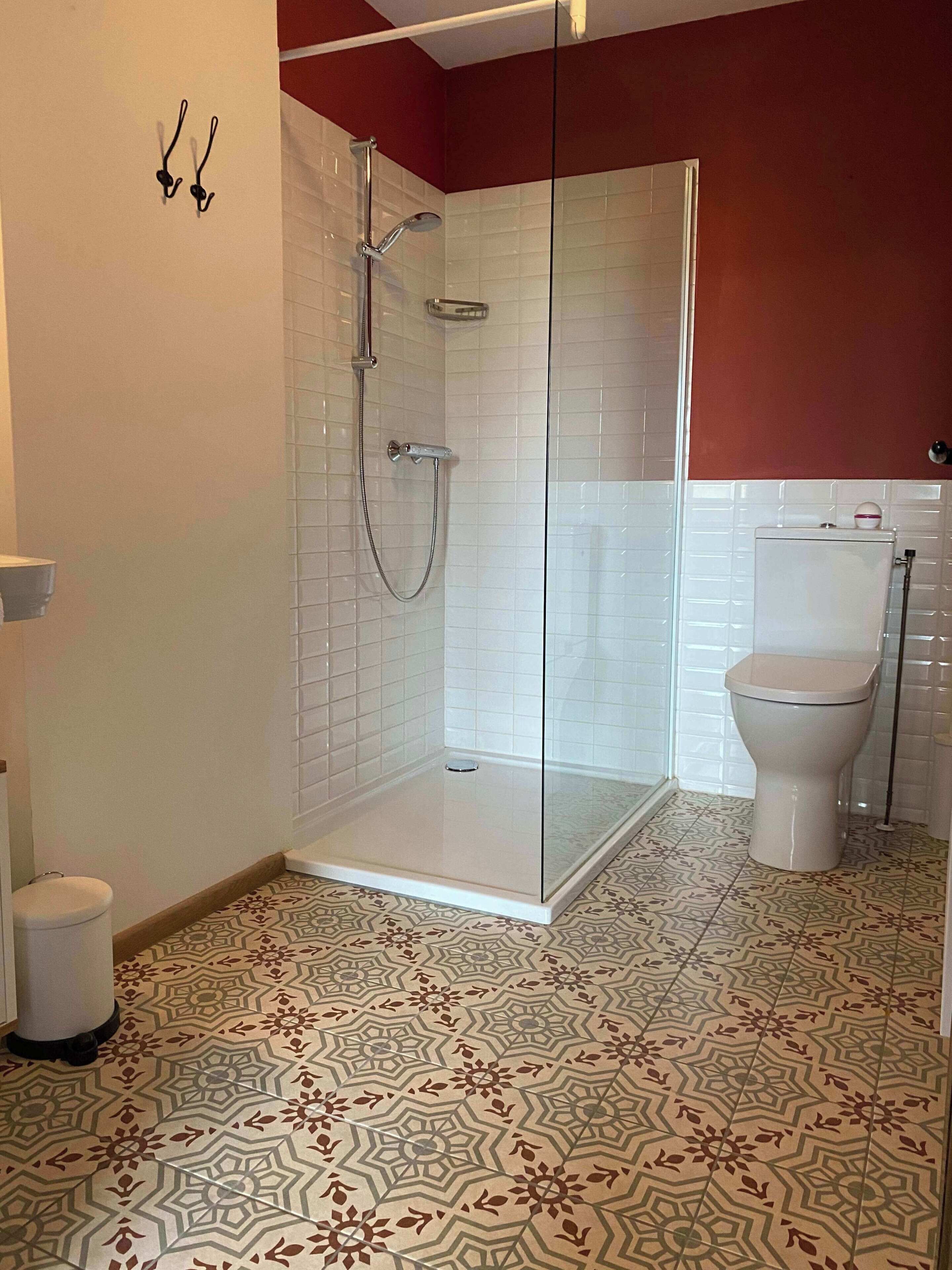 A bathroom with a shower, toilet, and patterned floor tiles.