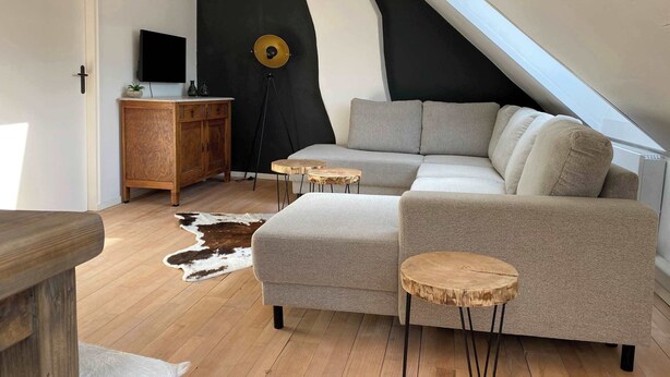 A modern loft with a sloped ceiling, a grey sectional sofa, a wooden cabinet, and a cowhide rug. - Authentic cozy group stay (7p) near Maastricht (Eijsden)