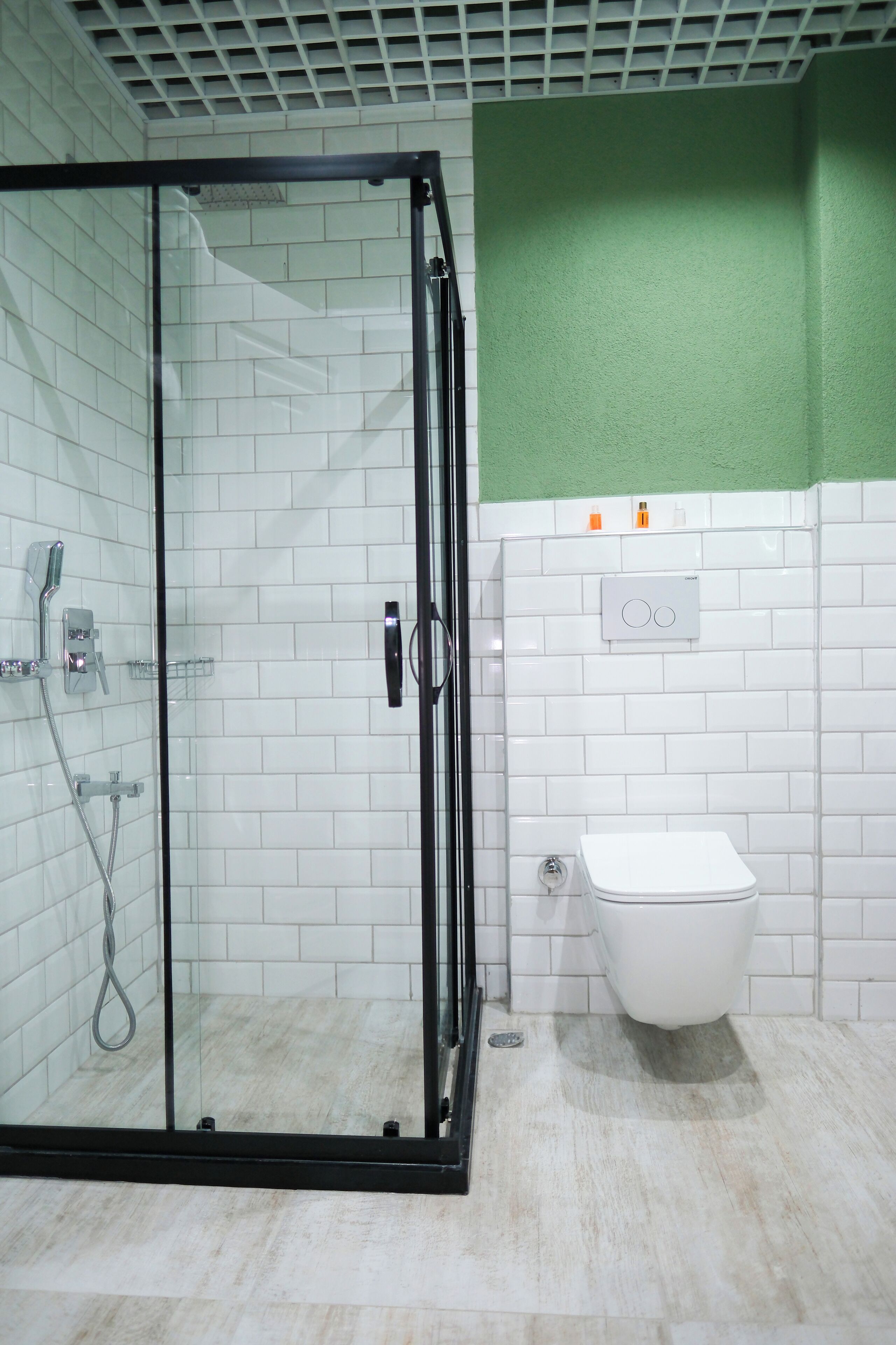 A bathroom with a glass-enclosed shower, a white toilet, and a green accent wall.