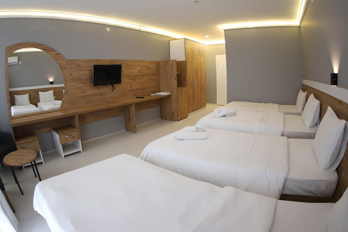 Una habitación de hotel moderna con una cama grande, un escritorio, una silla, un televisor y un armario.