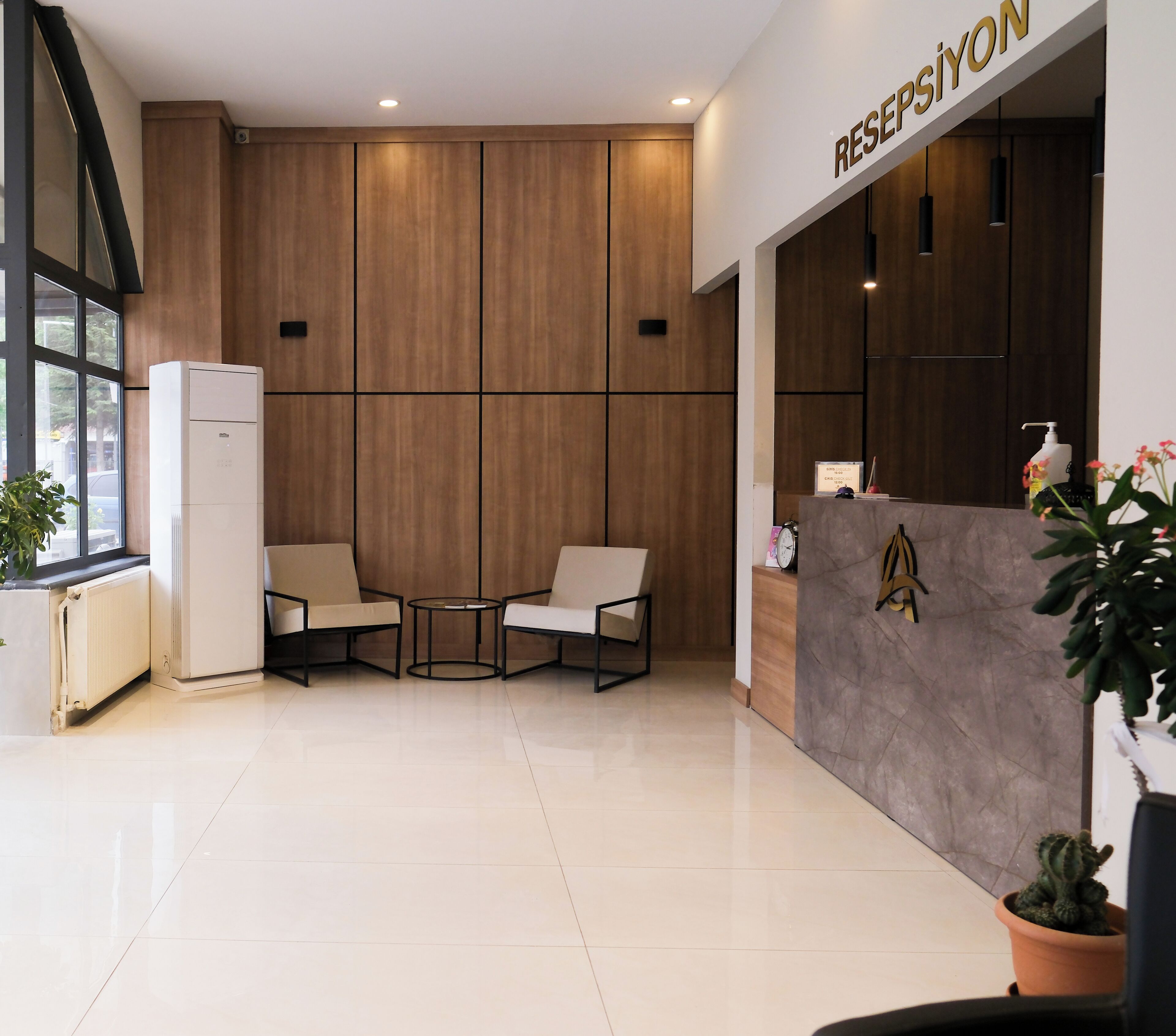 A reception area with a wooden panel wall, a reception desk, two sofas, a small table, and a potted plant.