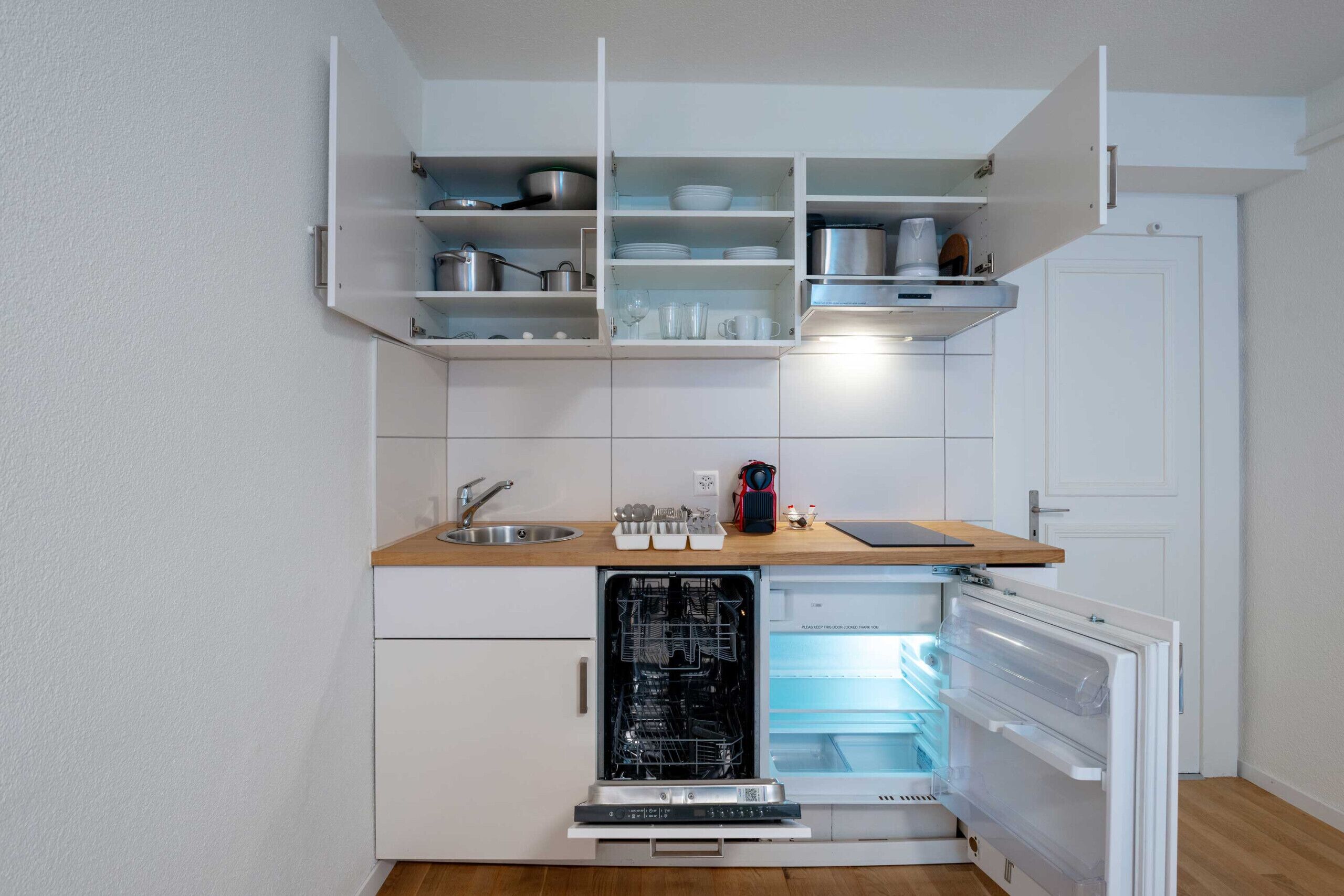 A compact kitchen with white cabinetry, a dishwasher, and a built-in refrigerator.