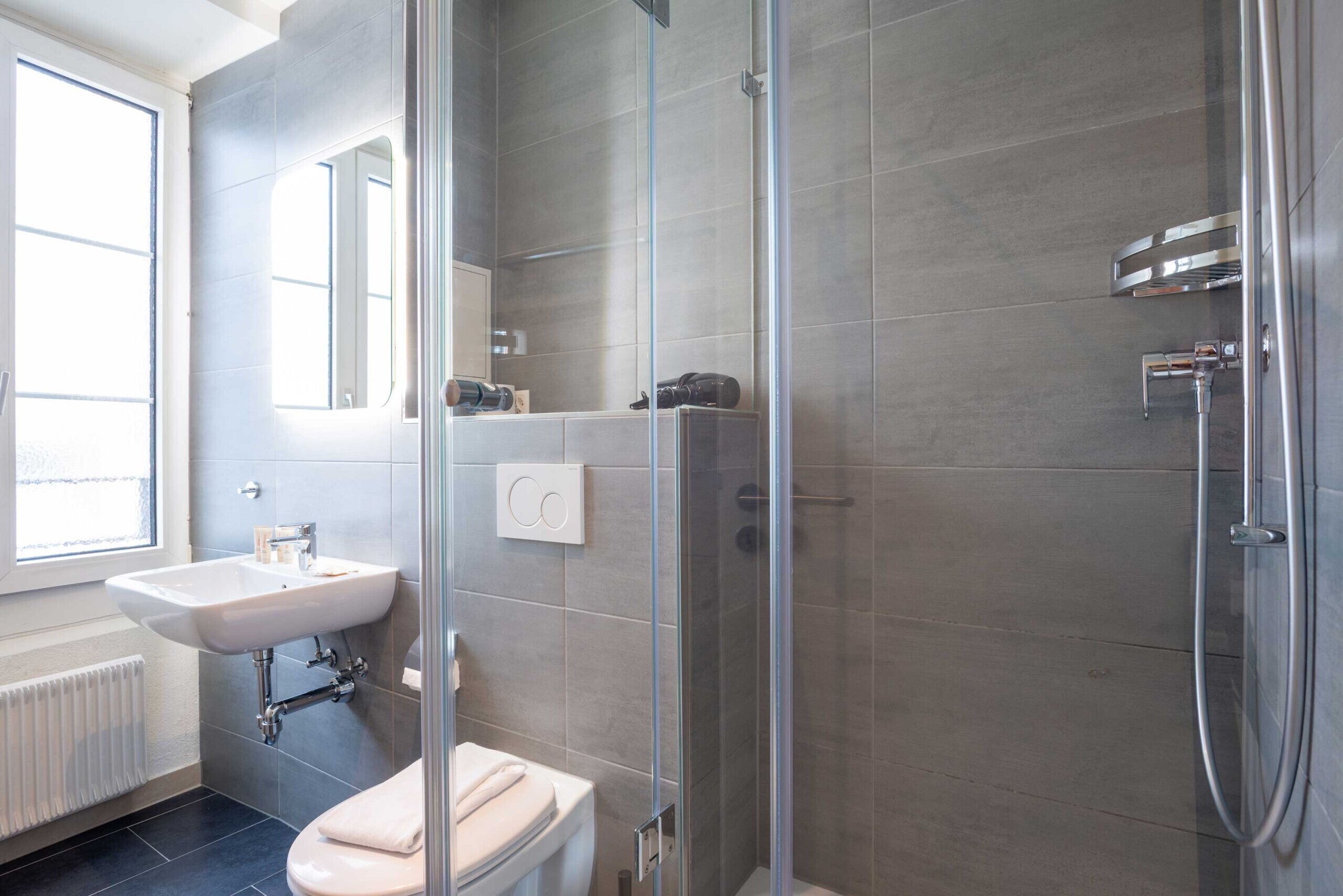 A modern bathroom with a glass-enclosed shower, a white sink, and a toilet.