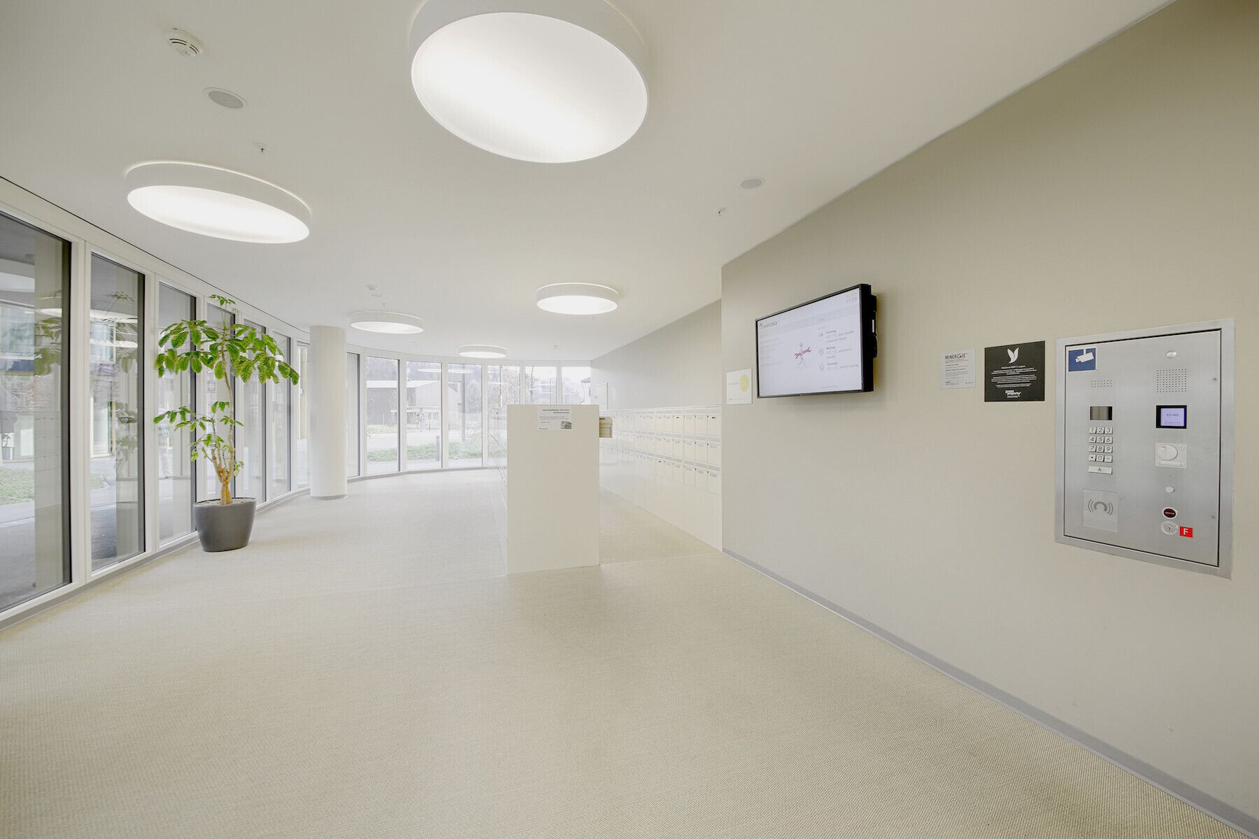 A modern, well-lit hallway with large windows, a potted plant, and a security panel on the wall.