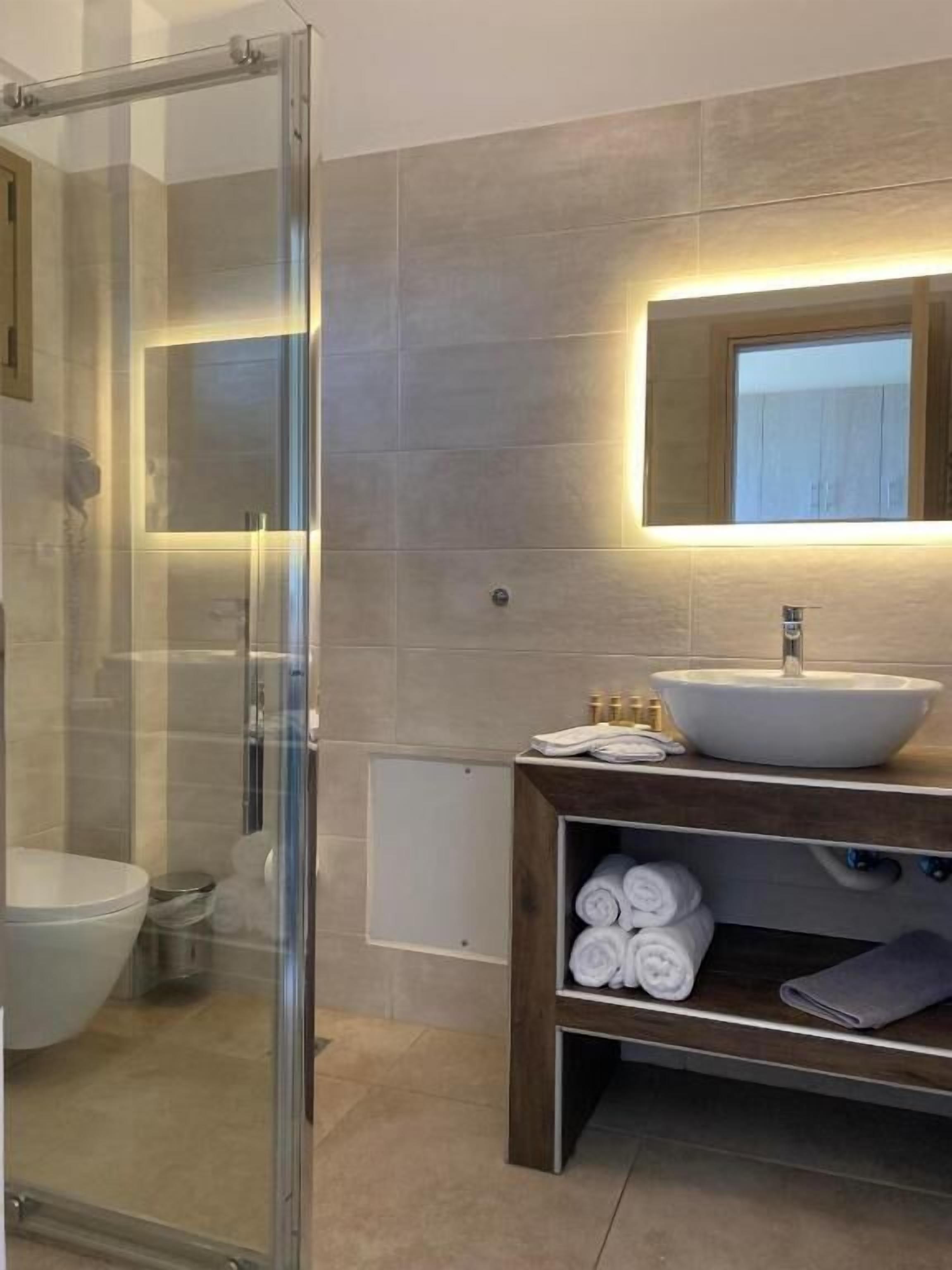 A modern bathroom with a glass shower enclosure, a white sink with a wooden vanity, and a mirror above the sink.