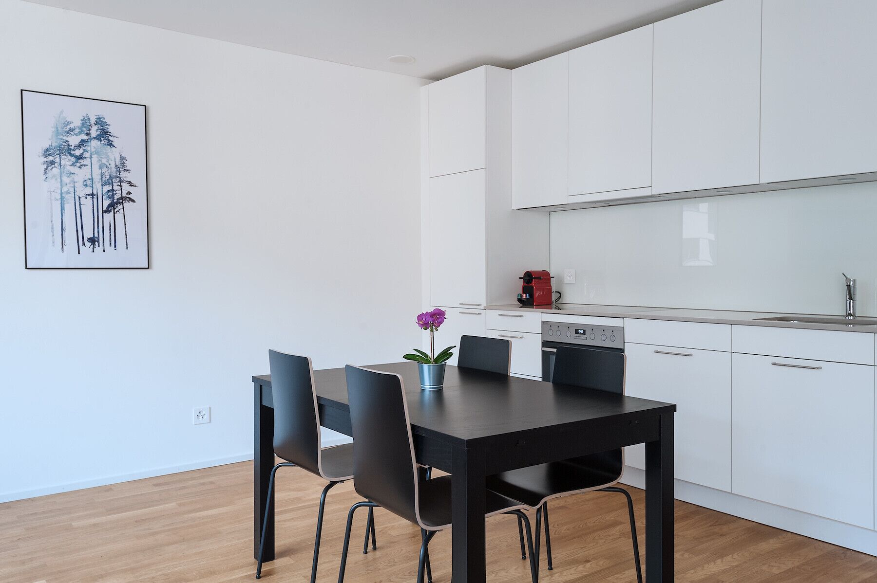 Una cocina moderna con armarios blancos, un comedor con mesa negra y cuatro sillas, y una pequeña planta en maceta sobre la mesa.