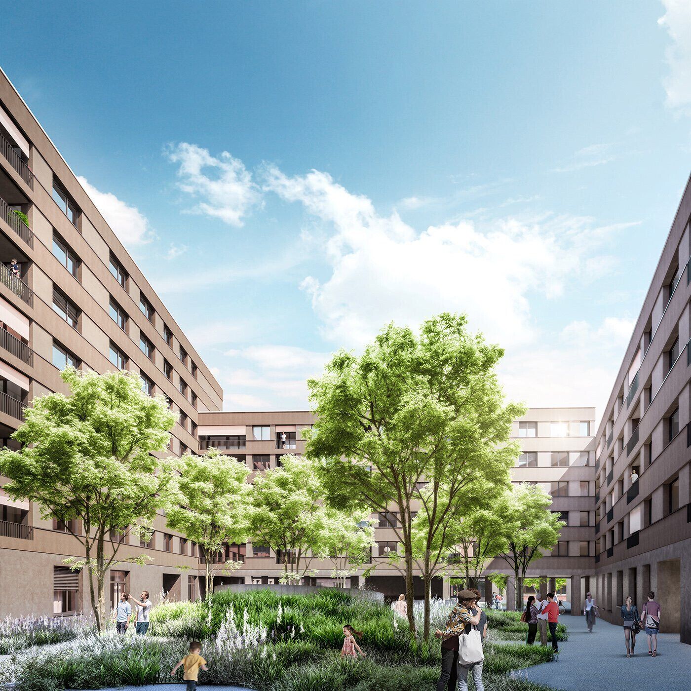 Un bâtiment moderne à plusieurs étages, doté d’espaces extérieurs aménagés et de verdure.