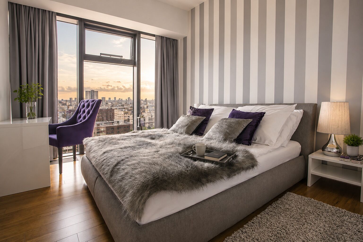 A modern bedroom with a large bed, city view, striped wall, and a desk with a chair.