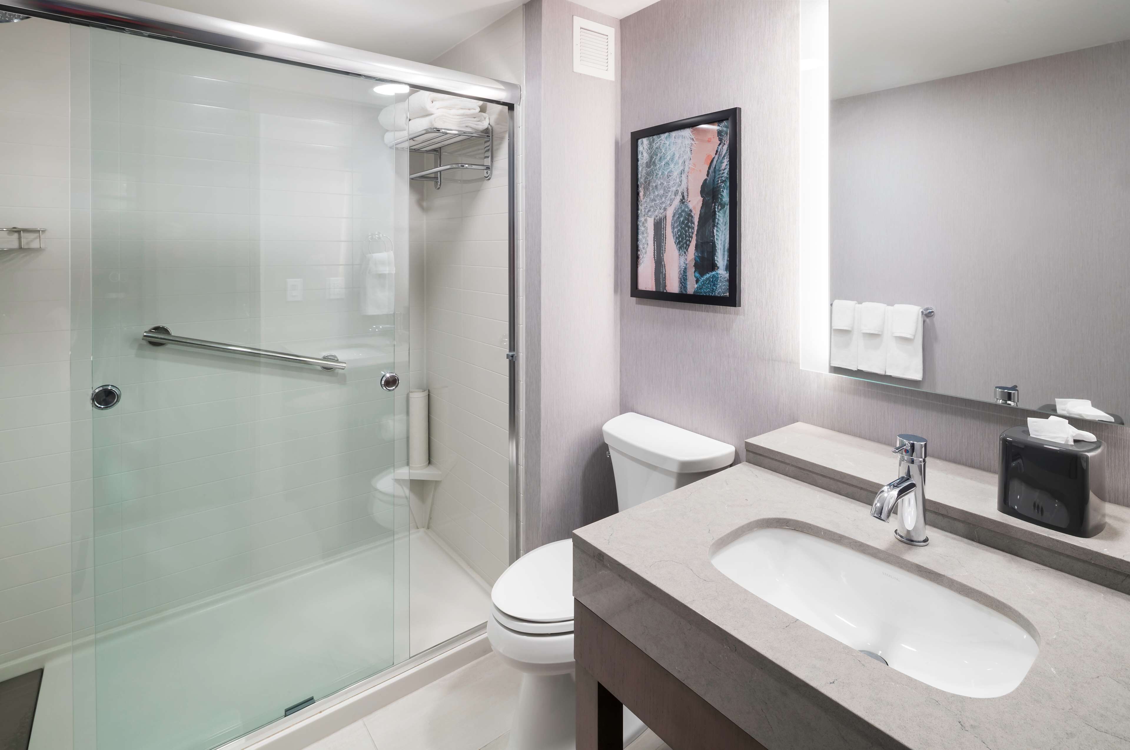 eco-friendly toiletries, hair dryer, towels, soap