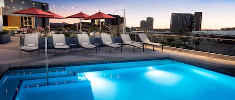 Outdoor pool, open 6:00 AM to 11:00 PM, pool umbrellas, sun loungers