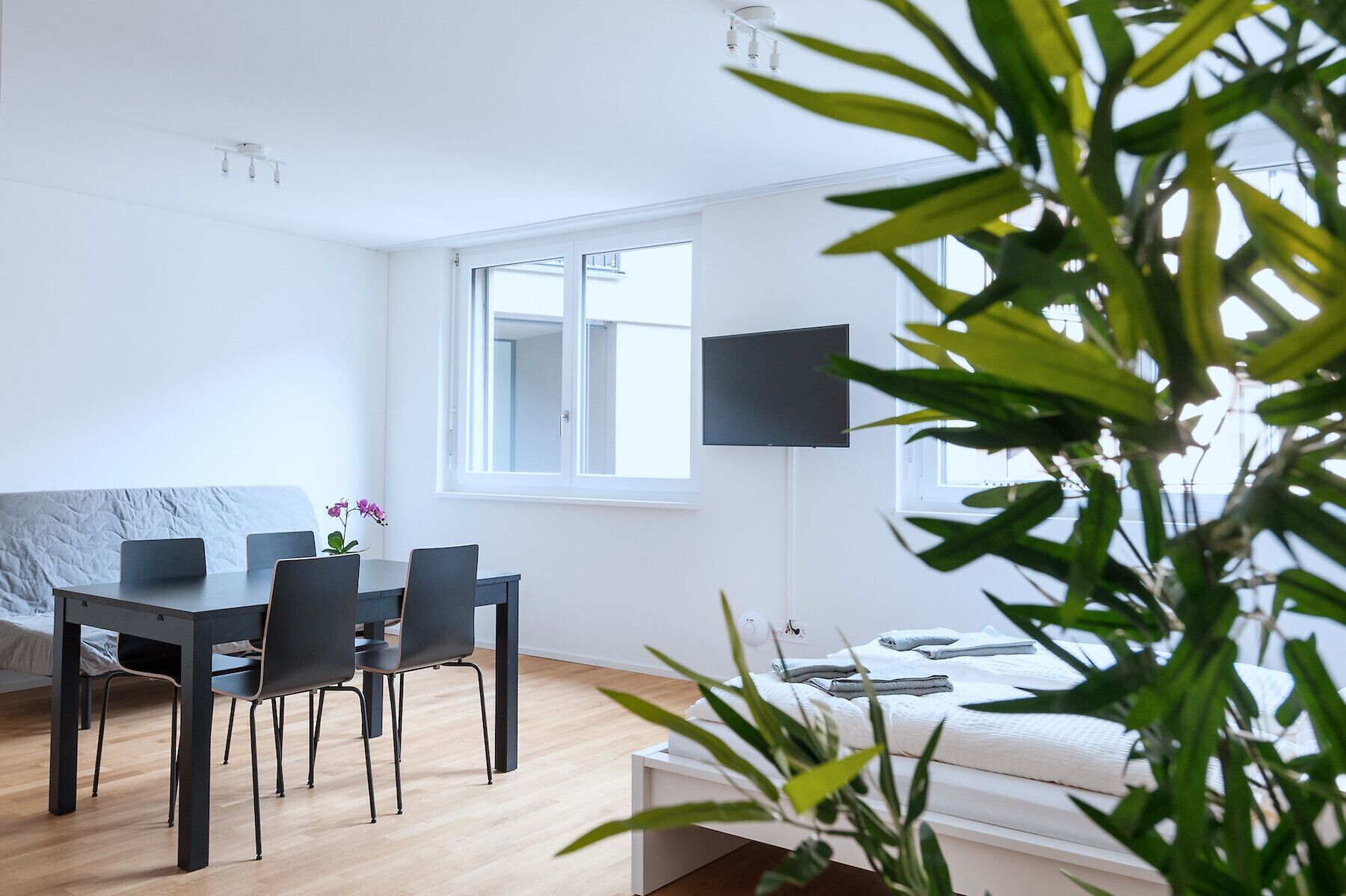Una stanza moderna e luminosa con un tavolo da pranzo, sedie, un divano e una TV fissata al muro.