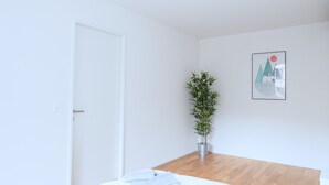 Una habitación minimalista con suelo de madera, una puerta blanca, una planta en maceta y un cuadro en la pared.