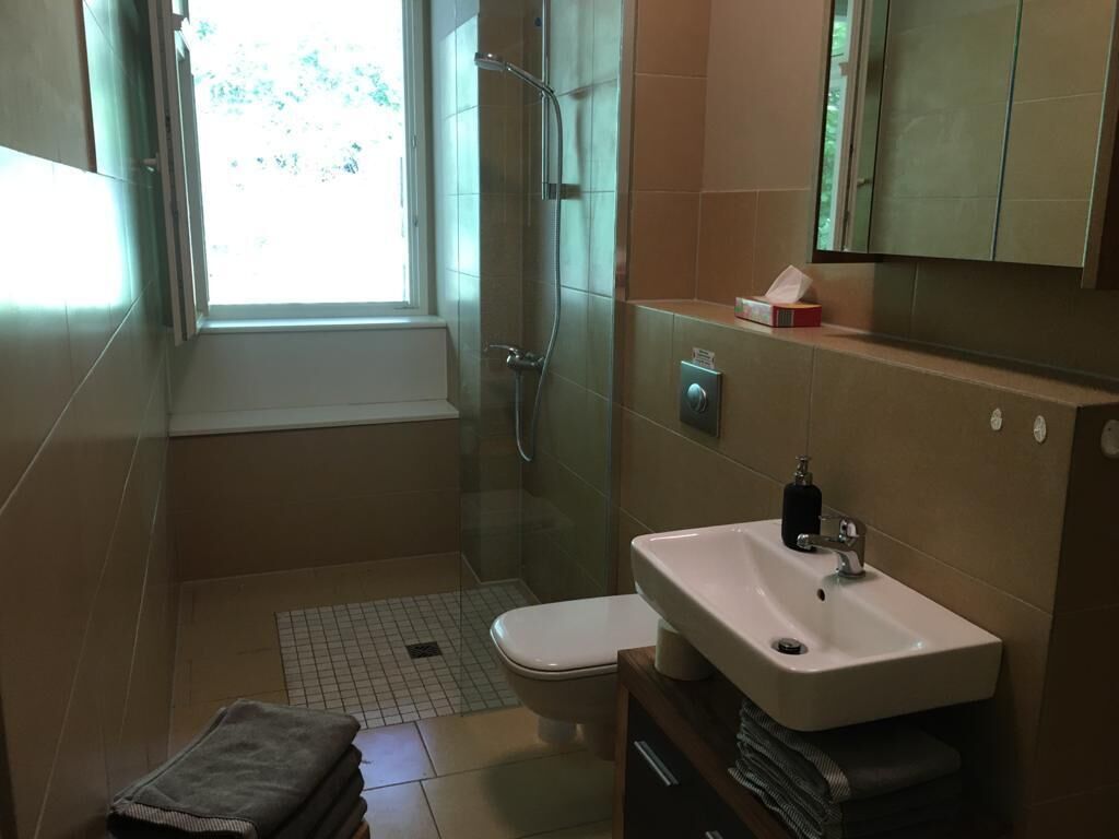 A bathroom with a shower, toilet, sink, and a window.