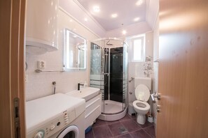 Shower, towels, toilet paper