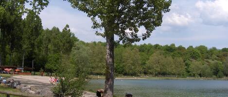 A lakeside view with a wooden fence, a snack bar, and a picnic area.