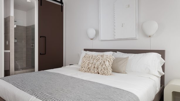 A modern bedroom with a large bed, a sliding glass door leading to a shower area, and a framed artwork on the wall. - Boutique Hotel Room above The Jefferson Theater on the Downtown Mall (Charlottesville)