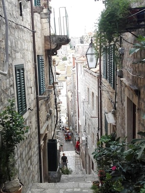 Un estrecho callejón empedrado flanqueado por edificios con contraventanas verdes y una persona subiendo unas escaleras.