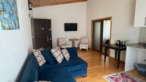 Un salon avec un canapé bleu, des coussins à motifs, un plafond en bois, un téléviseur, une petite table et un coin cuisine.