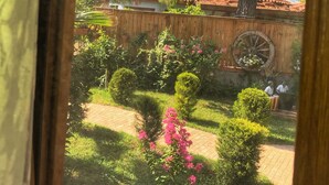 Une vue d’un jardin avec un grand arbre, une clôture en bois et un chemin pavé.